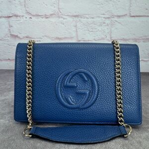 Authentic Gucci Soho Pebbled Calfskin Leather Flap Chain WOC Bag